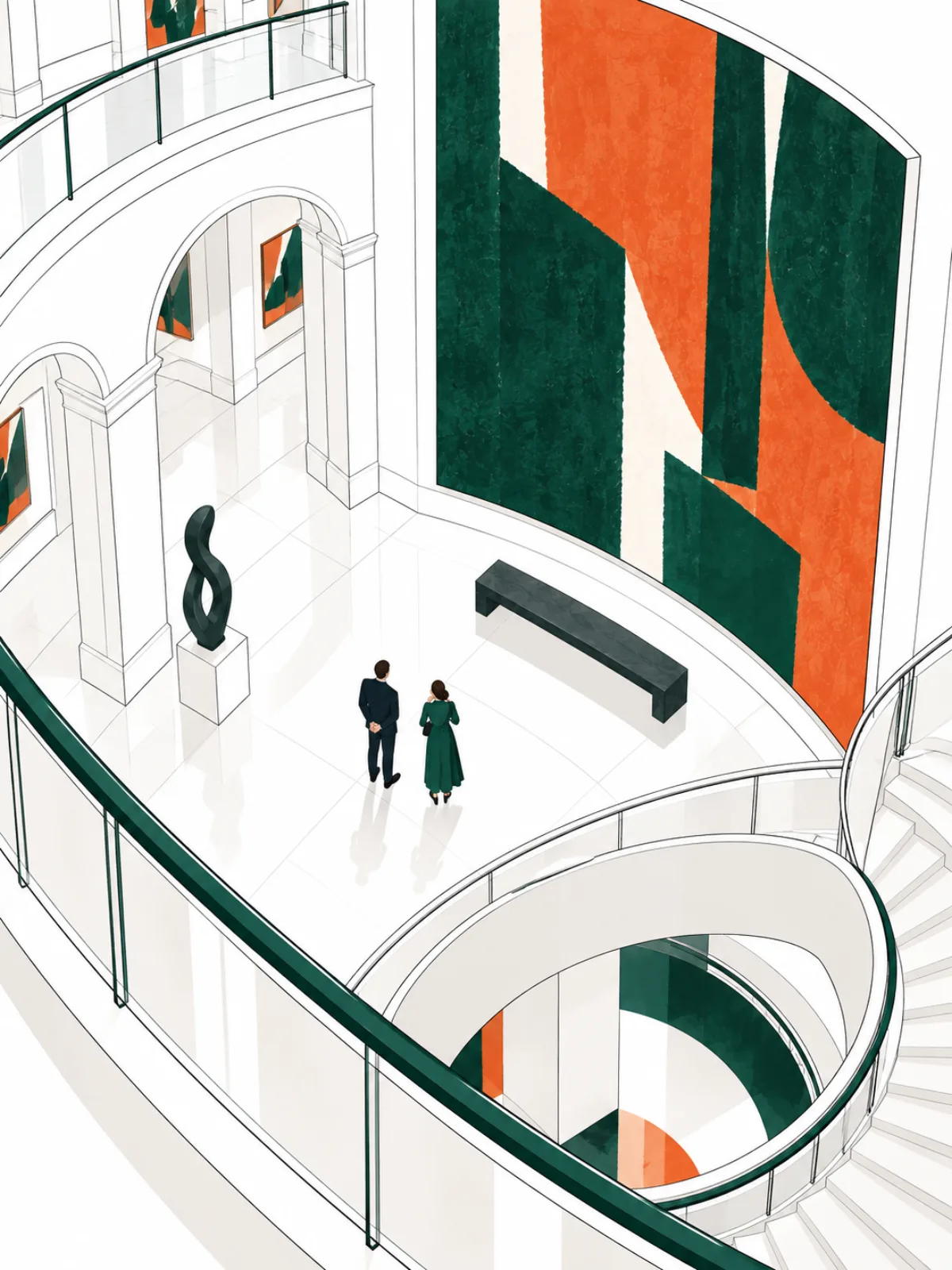 Illustration: gallery with a curved staircase and abstract artwork in green and orange