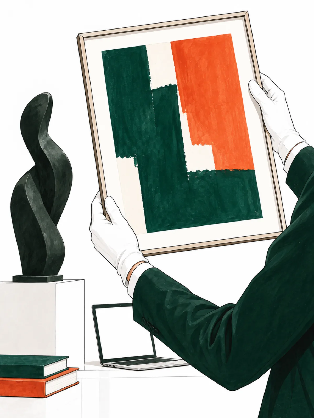 Illustration: framed abstract artwork held with white gloves