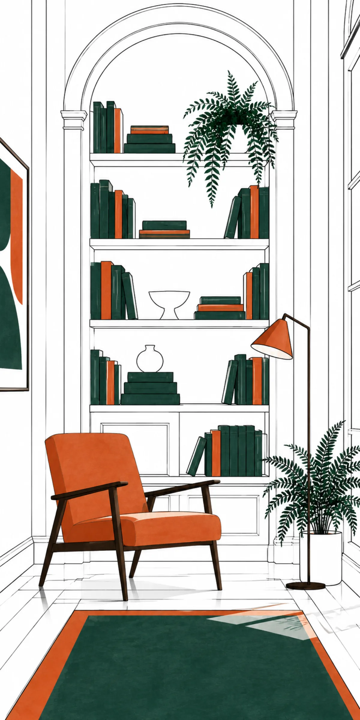 Illustration: library with an arch, green books and an orange armchair